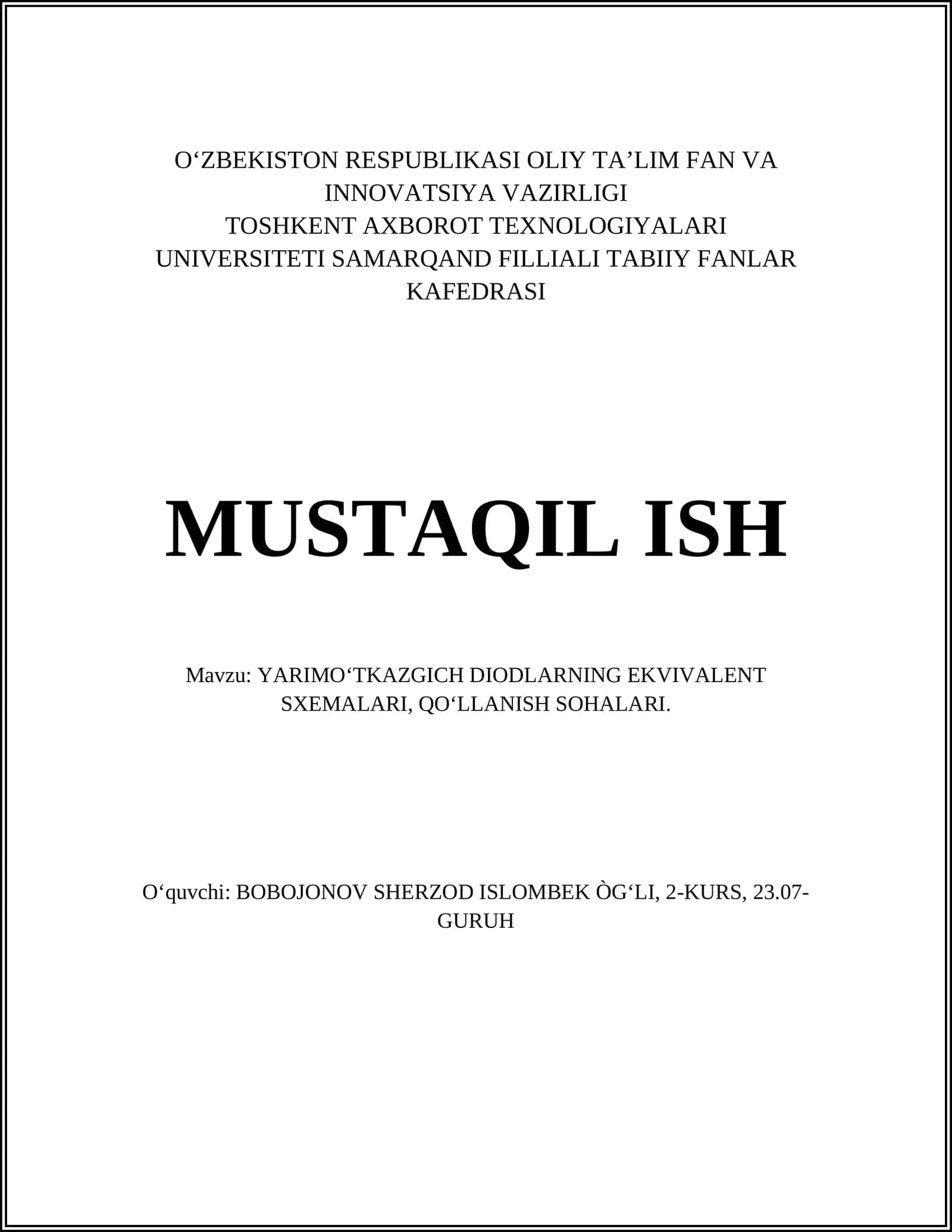 YARIMO‘TKAZGICH DIODLARNING EKVIVALENT SXEMALARI, QO‘LLANISH SOHALARI 1
