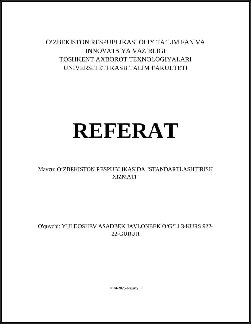О‘ZBEKISTON RESPUBLIKASIDA "STANDARTLASHTIRISH XIZMATI" 1