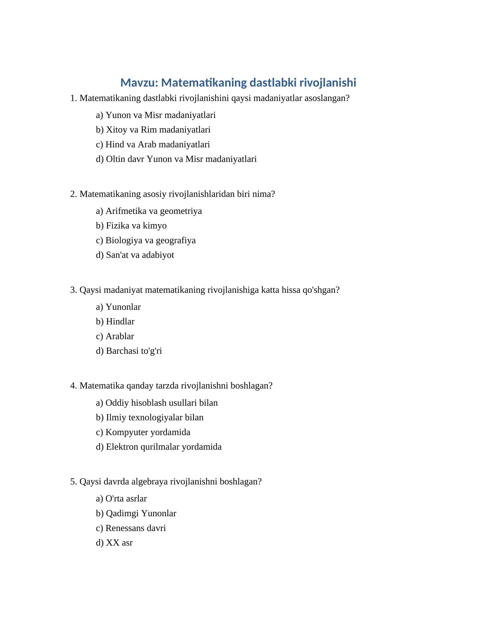 Matematikaning dastlabki rivojlanishi 1