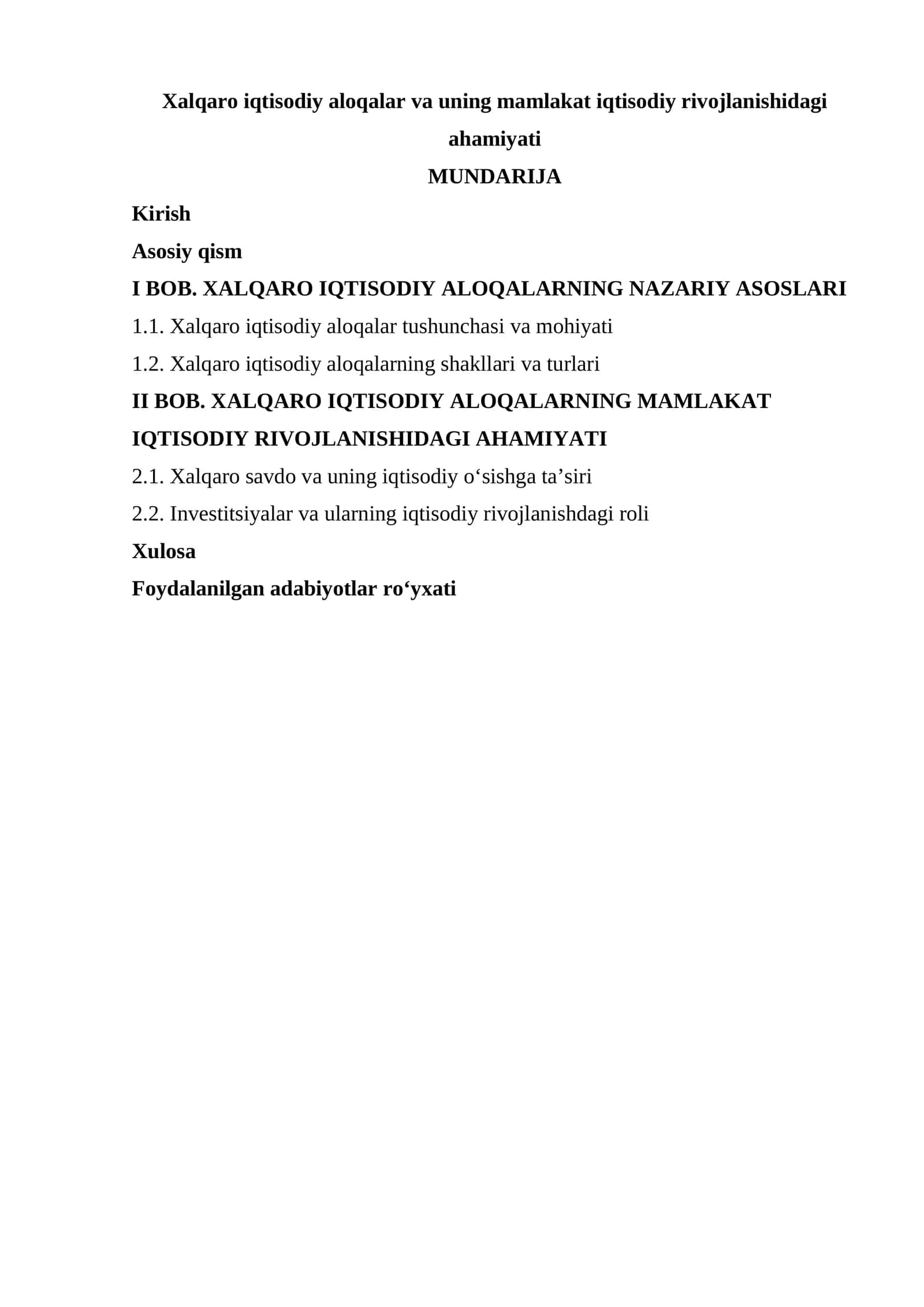 Xalqaro iqtisodiy aloqalar va uning mamlakat iqtisodiy rivojlanishidagi ahamiyati 1