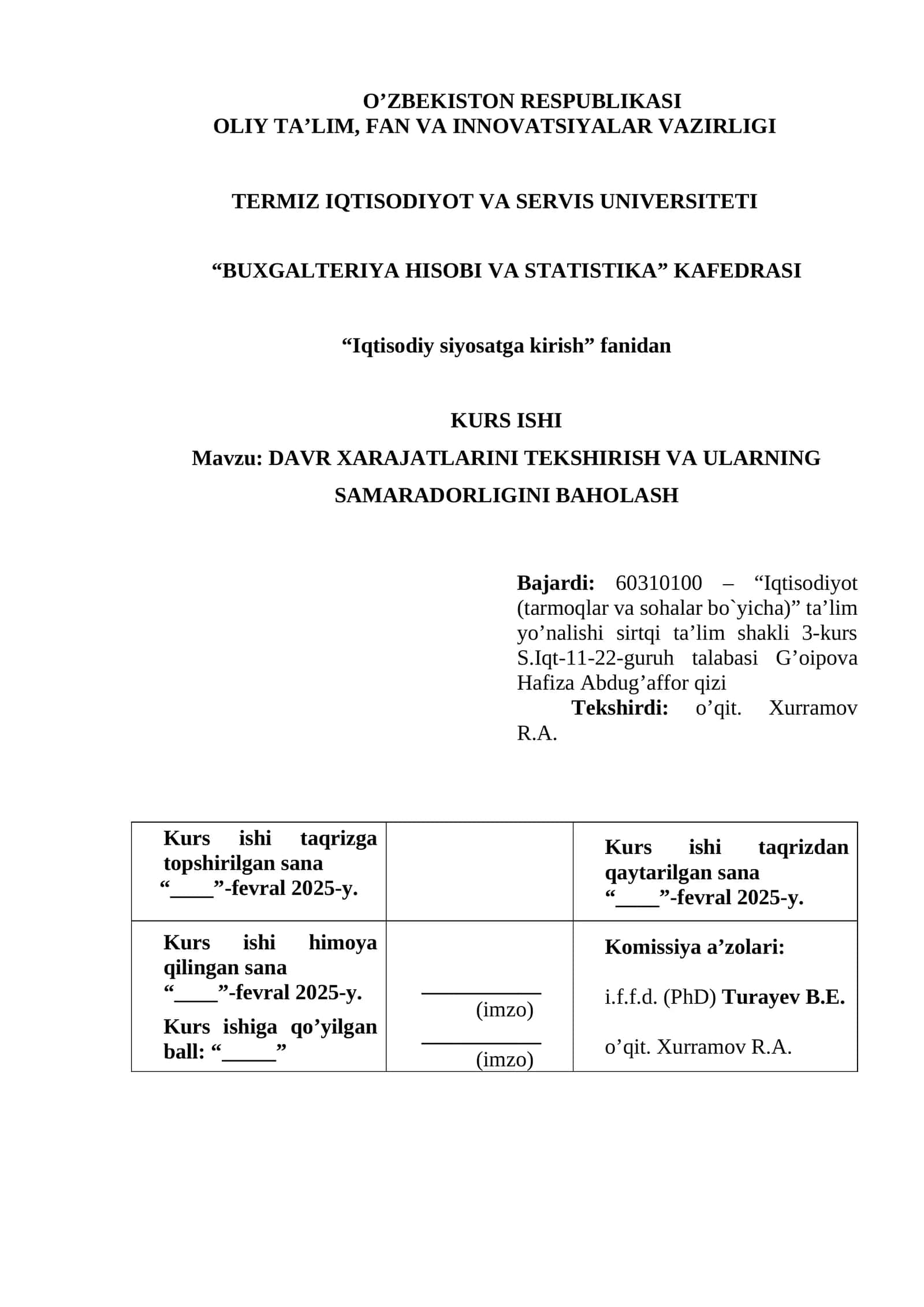DAVR XARAJATLARINI TEKSHIRISH VA ULARNING SAMARADORLIGINI BAHOLASH 1