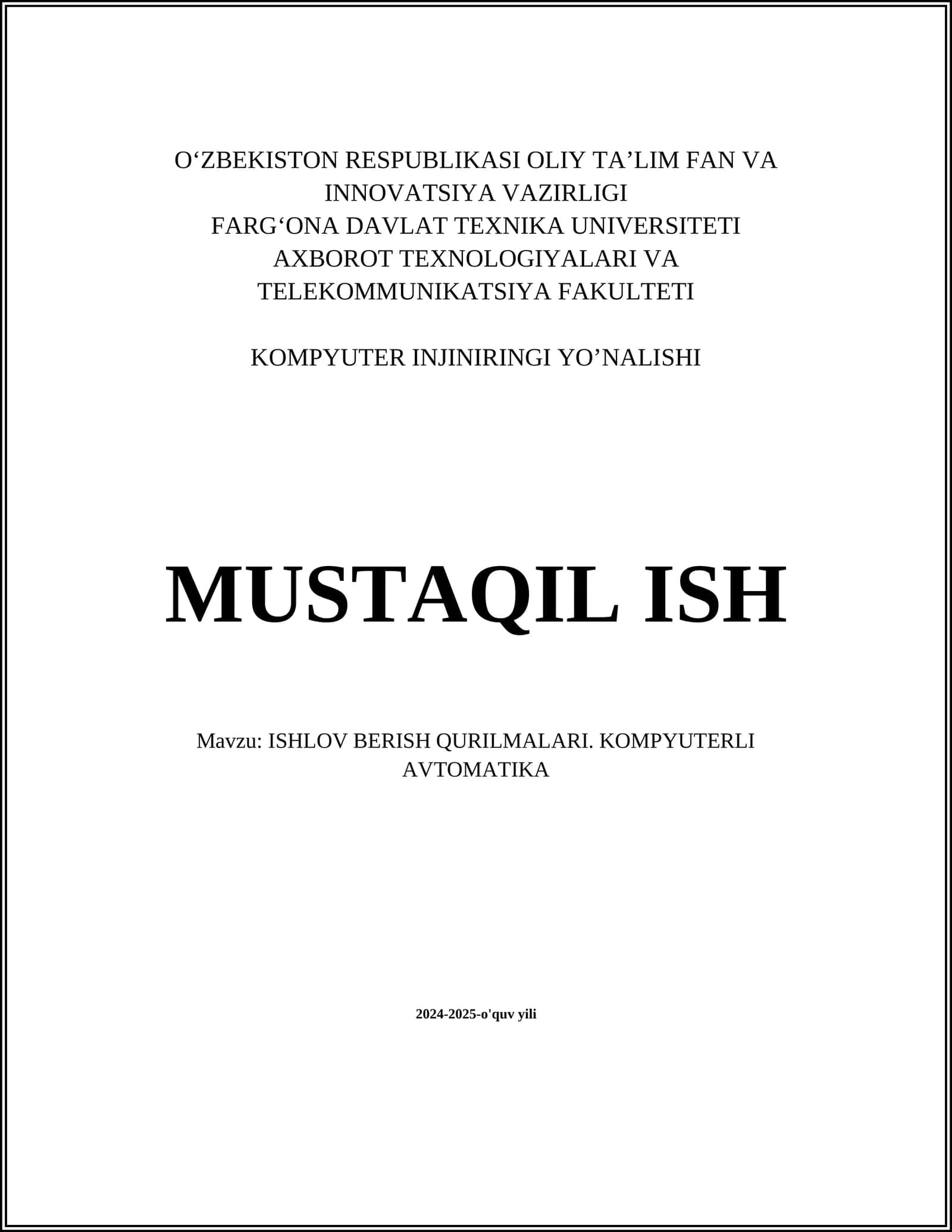ISHLOV BERISH QURILMALARI. KOMPYUTERLI AVTOMATIKA 1