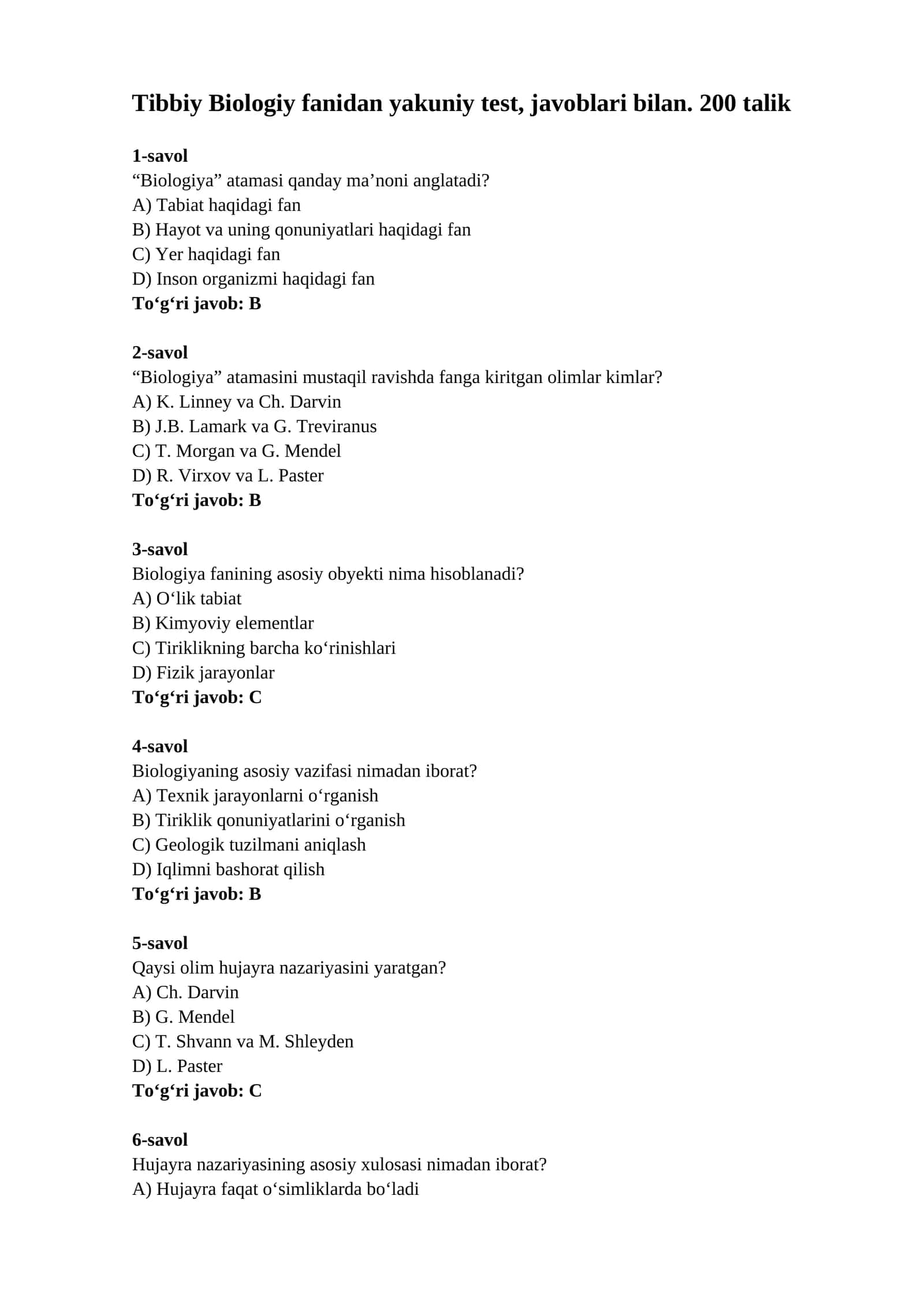Tibbiy Biologiy fanidan yakuniy test 1