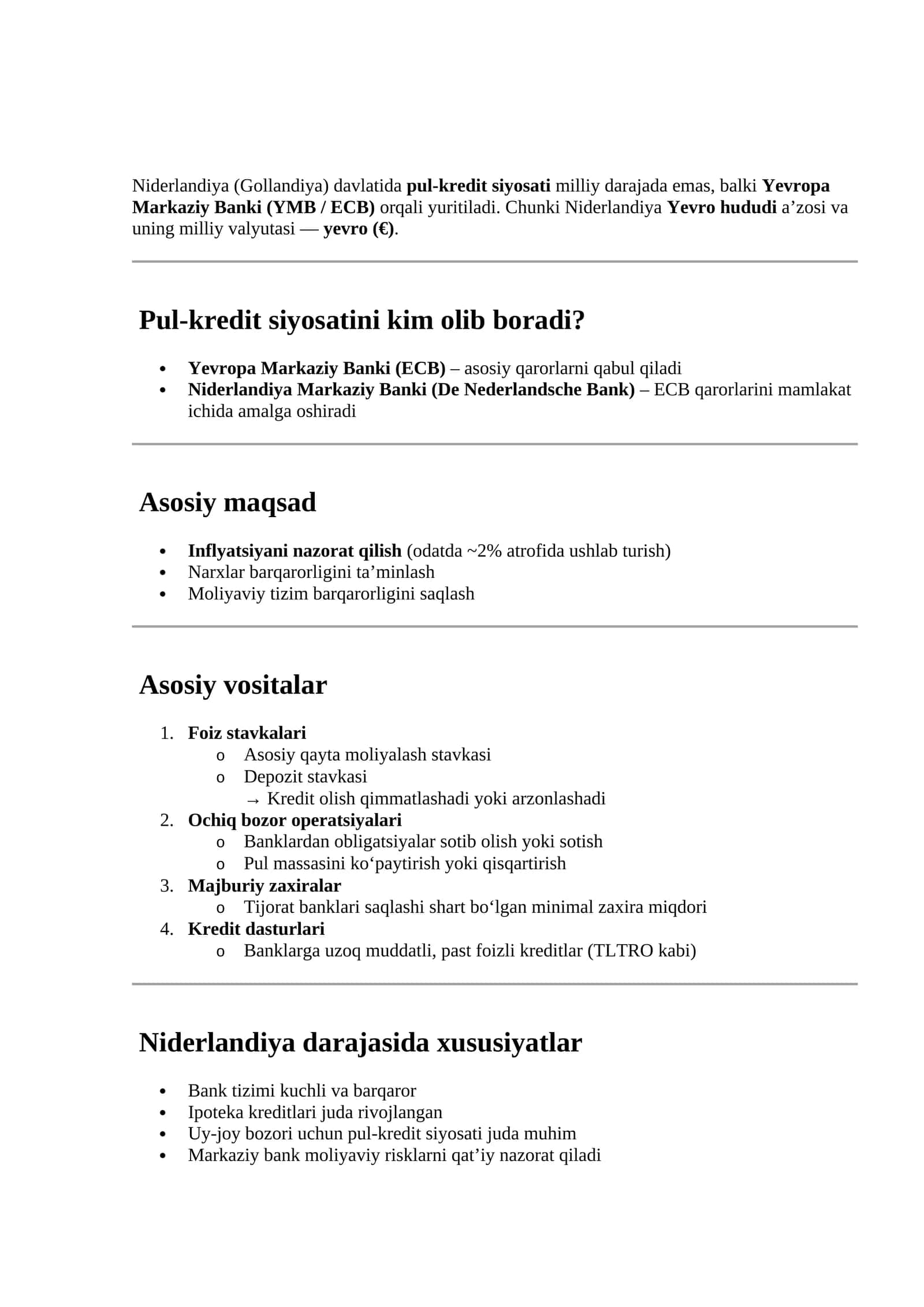 Niderlandiya Pul-Kredit Siyosati 1