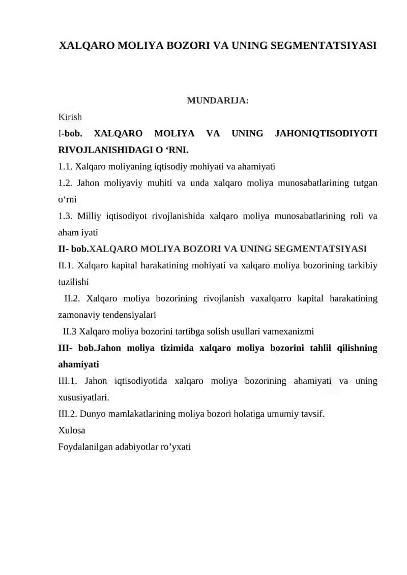 XALQARO MOLIYA BOZORI VA UNING SEGMENTATSIYASI