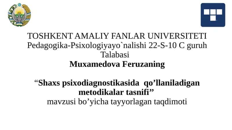 Shaxs psixodiagnostikasida qo'llaniladigan metodikalari tasnifi. 1