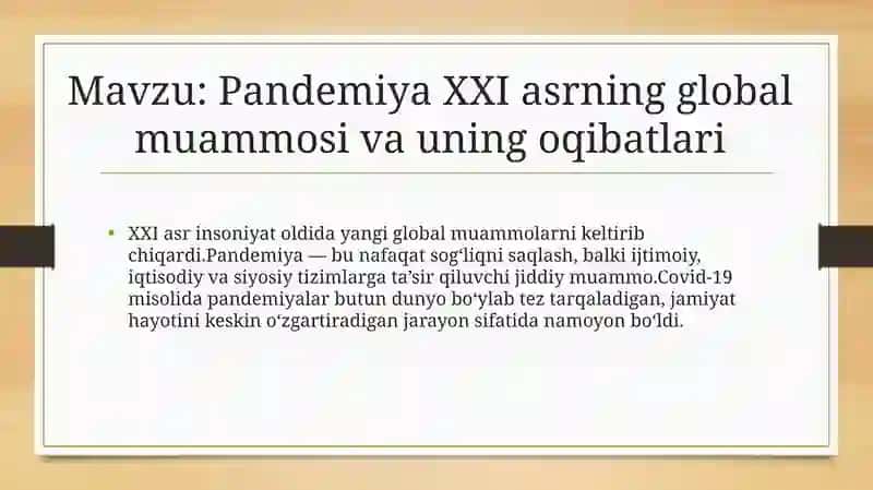 Pandemiya XXI asrning global muammosi va uning oqibatlari