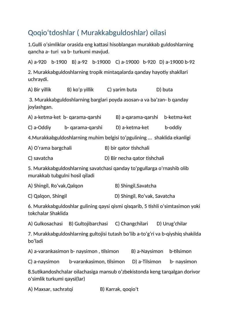 Qoqio‘tdoshlar (Murakkabguldoshlar) oilasi 1