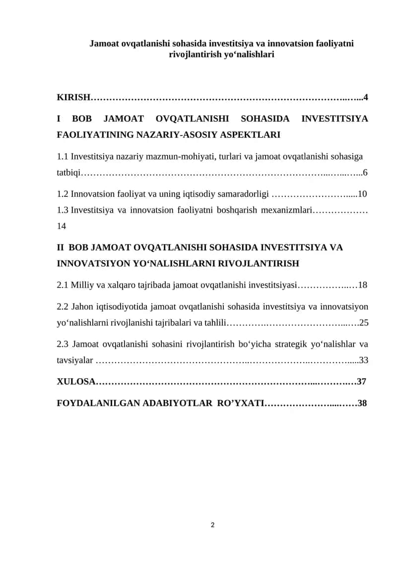Jamoat ovqatlanishi sohasida investitsiya va innovatsion faoliyatni rivojlantirish yo‘nalishlari 1