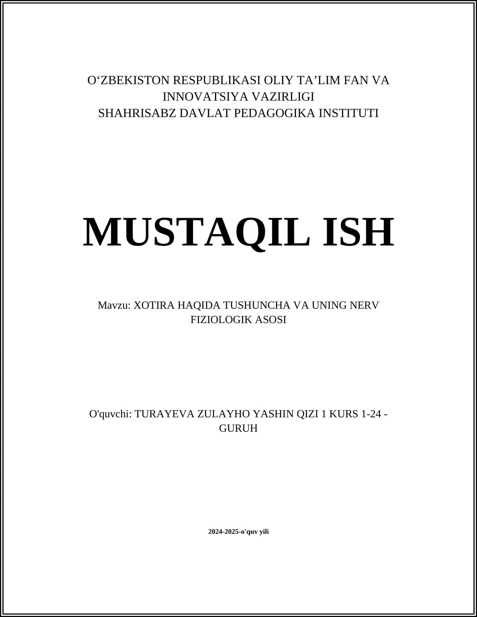 XOTIRA HAQIDA TUSHUNCHA VA UNING NERV FIZIOLOGIK ASOSI 1