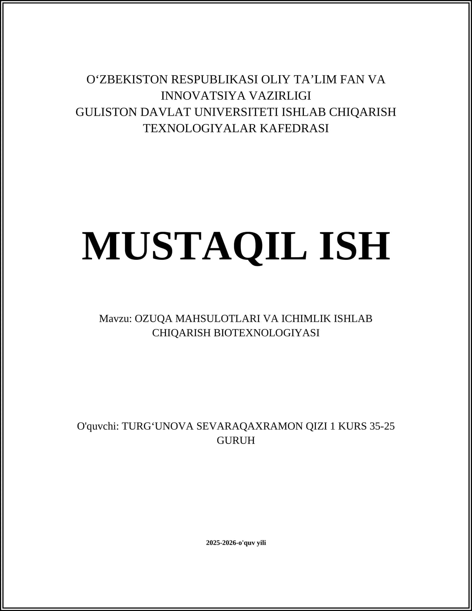 OZUQA MAHSULOTLARI VA ICHIMLIK ISHLAB CHIQARISH BIOTEXNOLOGIYASI 1