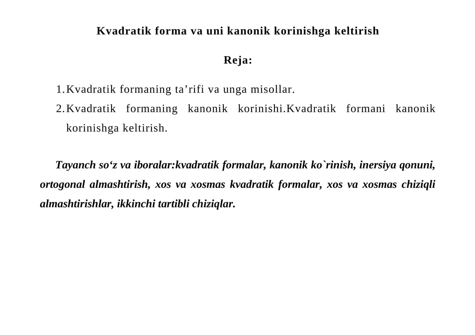 Kvadratik forma va uni kanonik korinishga keltirish 1