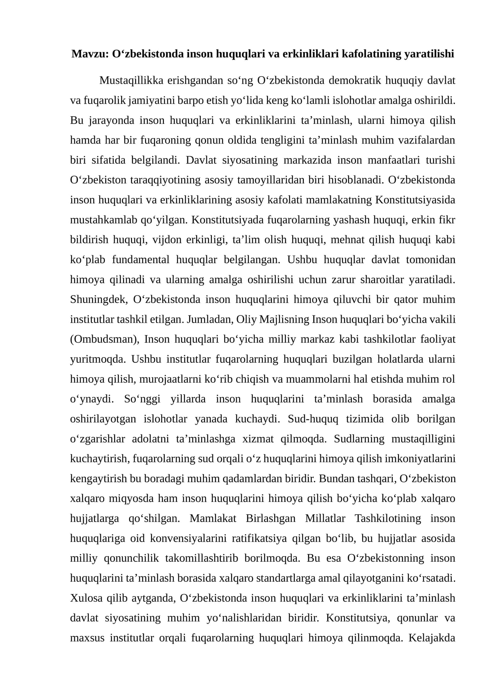 O‘zbekistonda inson huquqlari va erkinliklari kafolatining yaratilishi 1