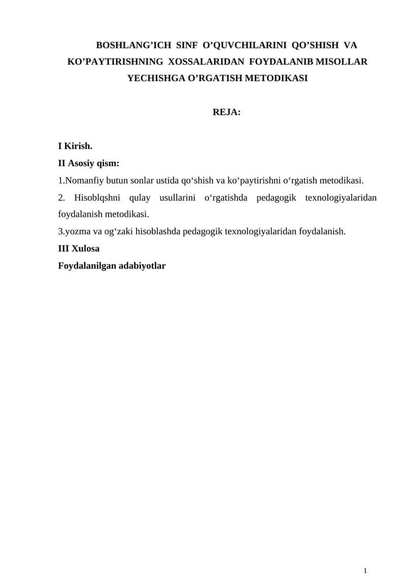BOSHLANG’ICH SINF O’QUVCHILARINI QO’SHISH VA KO’PAYTIRISHNING XOSSALARIDAN FOYDALANIB MISOLLAR YECHISHGA O’RGATISH METODIKASI 1