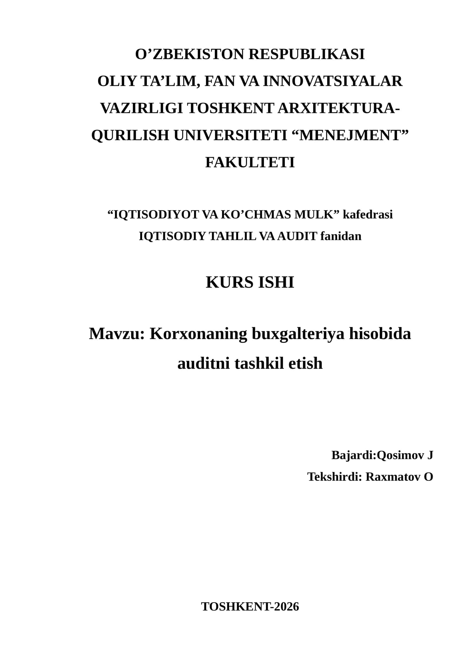 Korxonaning buxgalteriya hisobida auditni tashkil etish 1