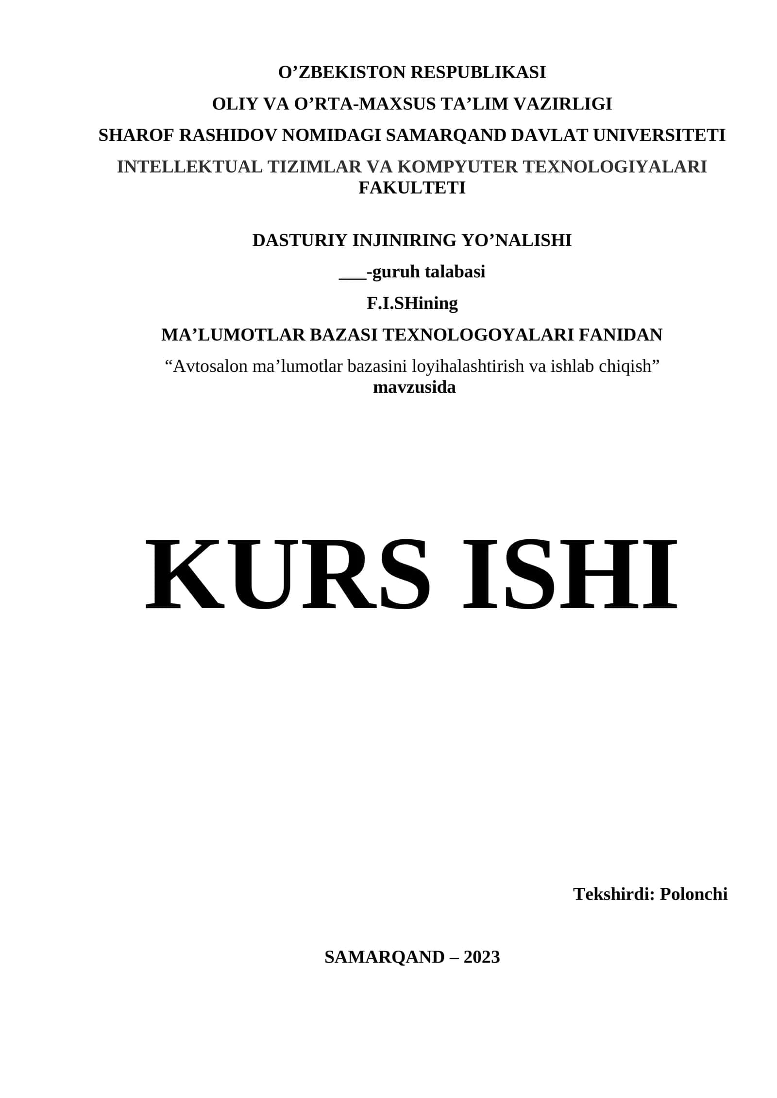 Avtosalon ma’lumotlar bazasini loyihalashtirish va ishlab chiqish 1