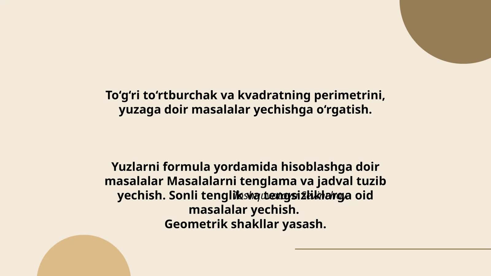 To‘g‘ri to‘rtburchak va kvadratning perimetrini, yuzaga doir masalalar yechishga o‘rgatish 1