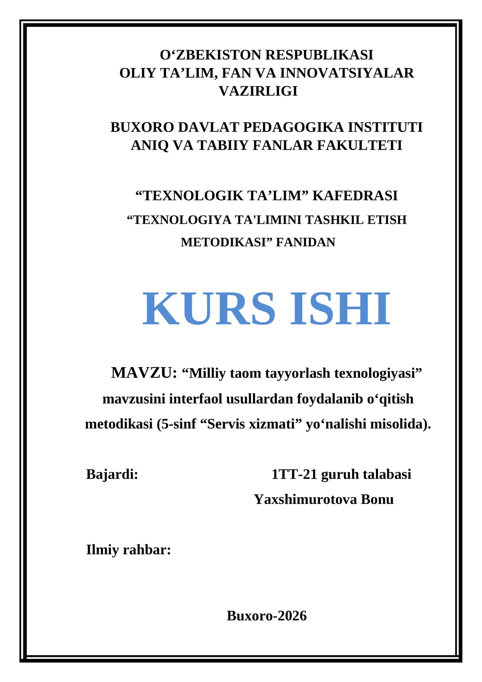 “Milliy taom tayyorlash texnologiyasi” mavzusini interfaol usullardan foydalanib o‘qitish metodikasi 1