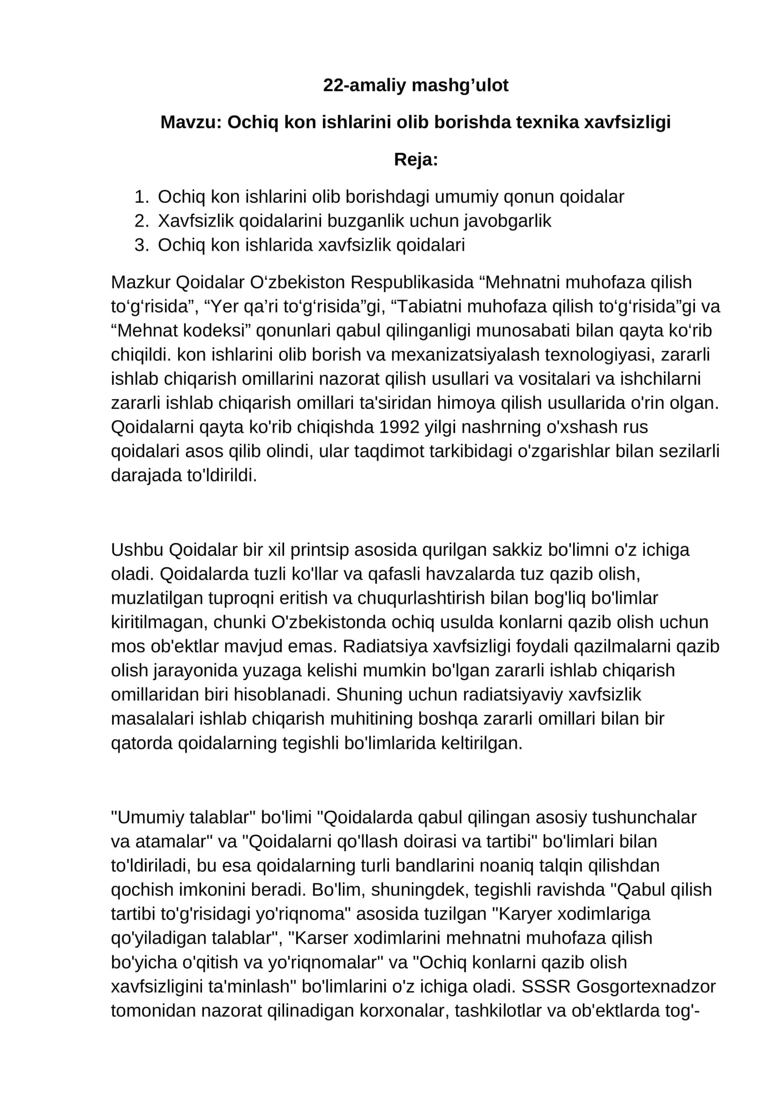 Amaliy mashg'ulot: Ochiq kon ishlarini olib borishda texnika xavfsizligi 1