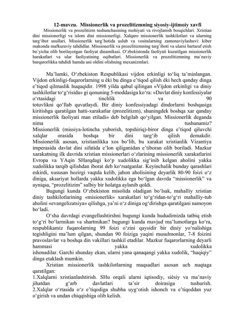 Missionerlik va Prozelitizm 1