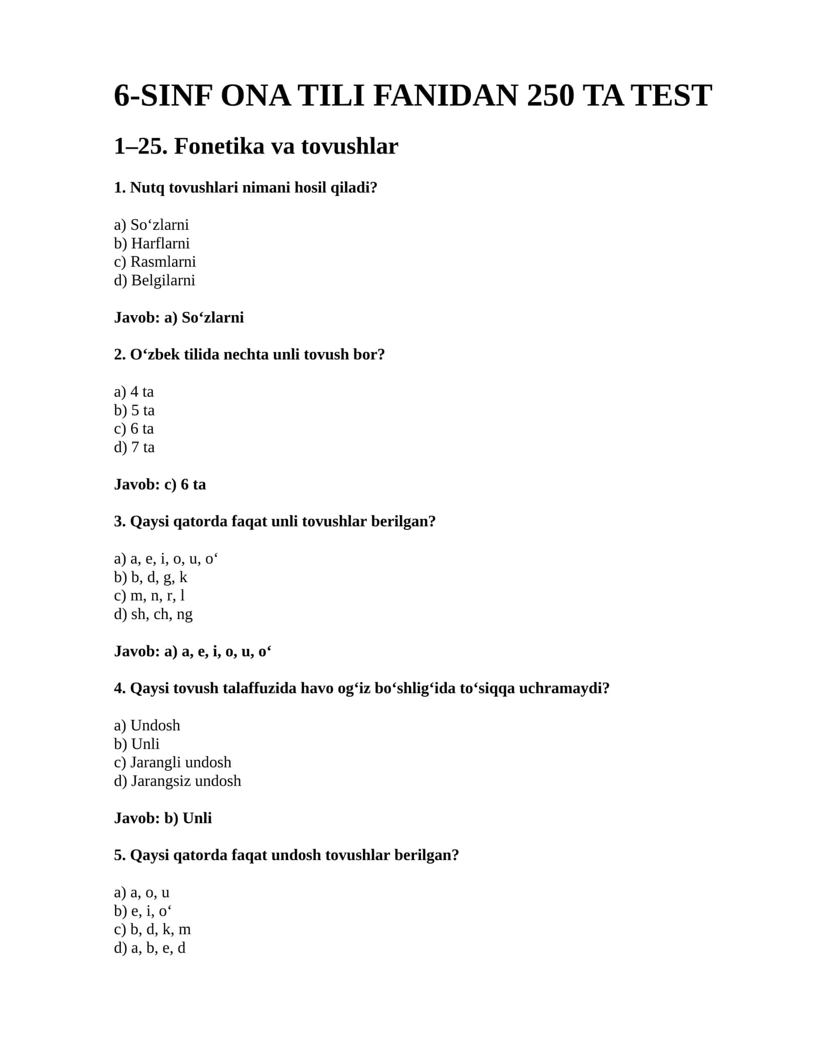 6-SINF ONA TILI FANIDAN 250 TA TEST 1