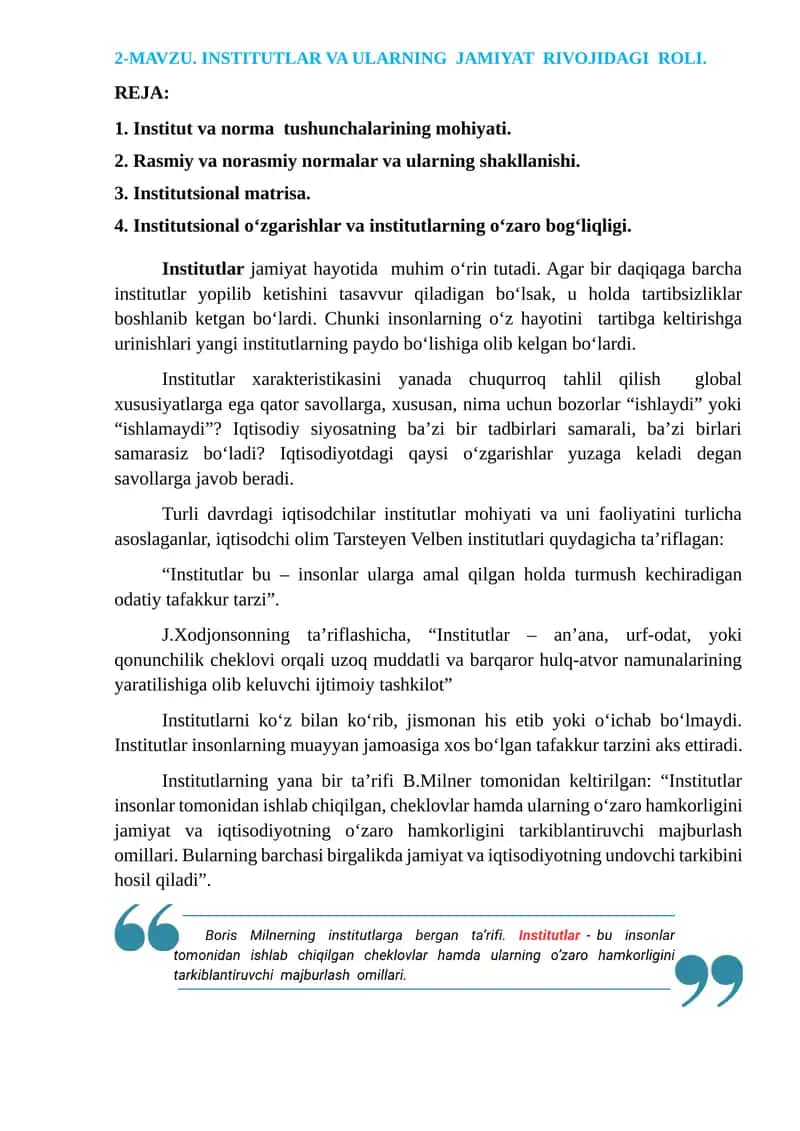 Institutlar va Ularning Jamiiyat Rivojidagi Roli 1