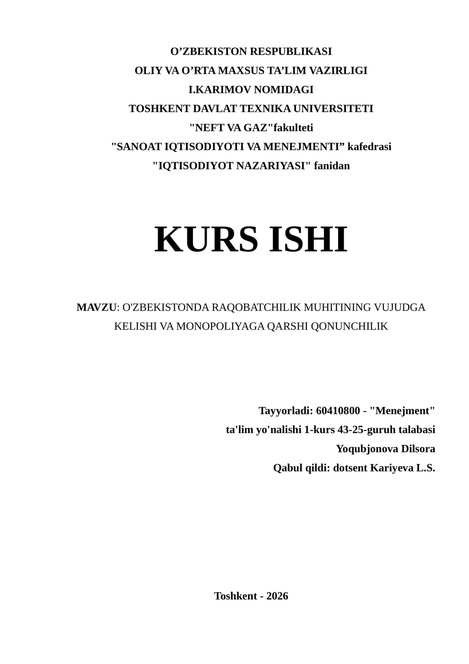 O'ZBEKISTONDA RAQOBATCHILIK MUHITINING VUJUDGA KELISHI VA MONOPOLIYAGA QARSHI QONUNCHILIK 1