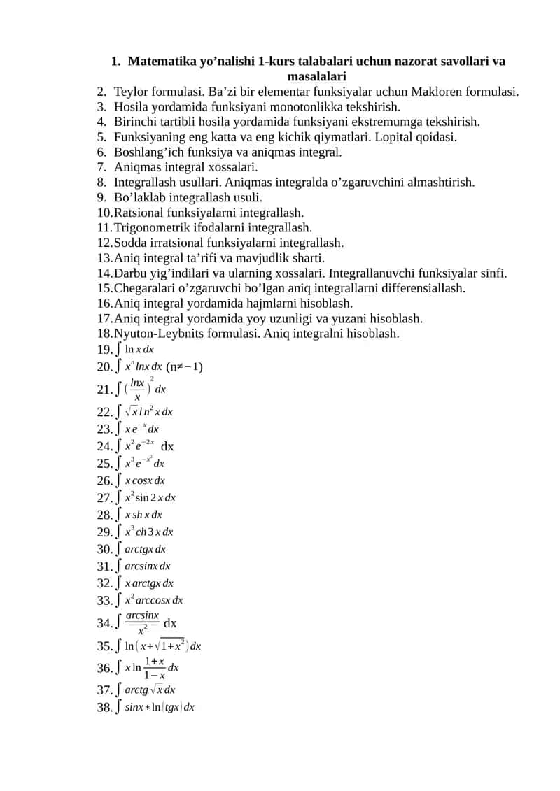 Matematika yo’nalishi 1-kurs talabalari uchun nazorat savollari va masalalari 1