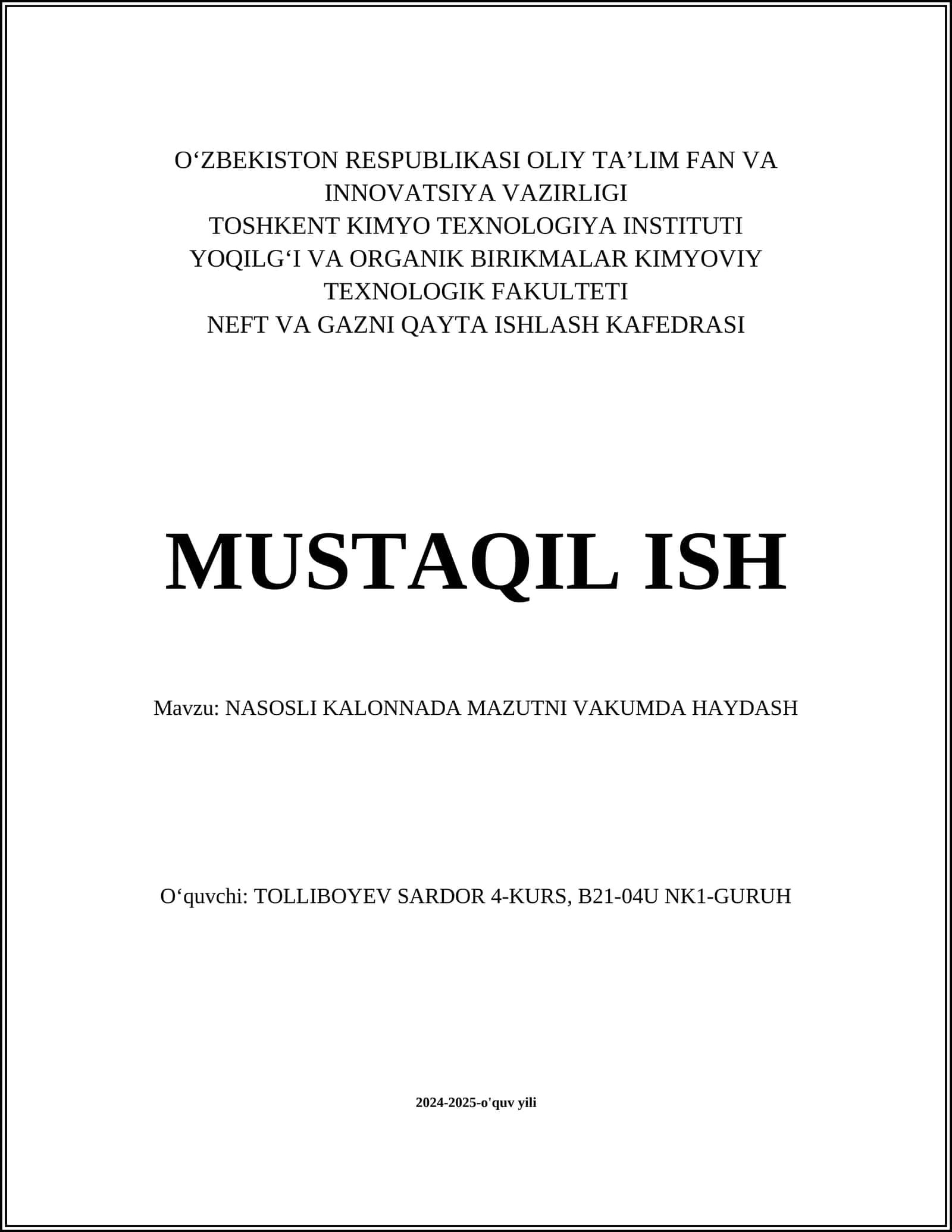 NASOSLI KALONNADA MAZUTNI VAKUMDA HAYDASH 1