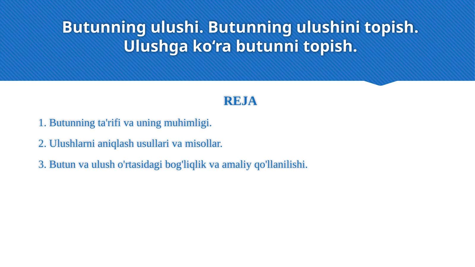 Butunning ulushi. Butunning ulushini topish. Ulushga ko‘ra butunni topish 1
