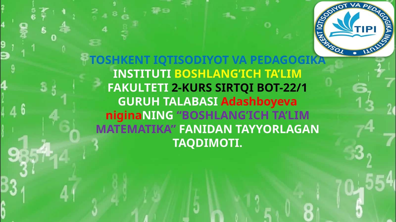 Boshlang'ich ta'lim matematika fanidan ta'lim 1