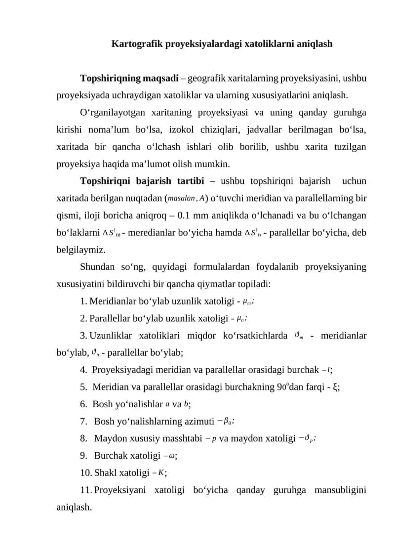 Kartografik proyeksiyalardagi xatoliklarni aniqlash 1