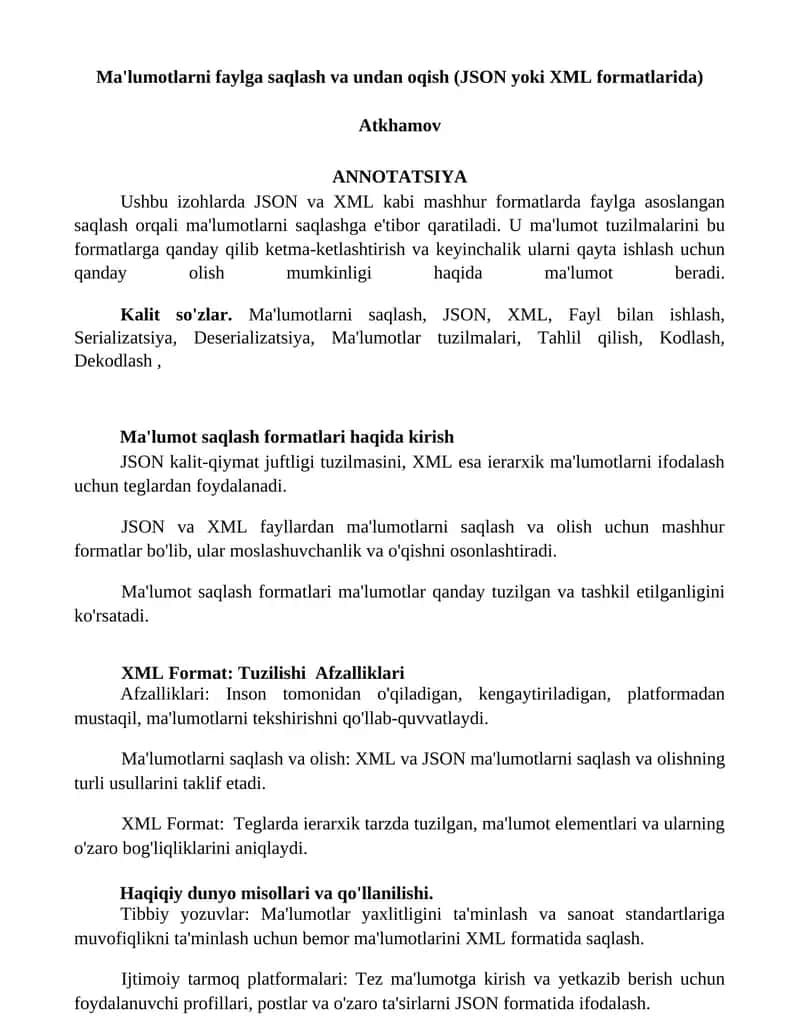 Ma'lumotlarni faylga saqlash va undan oqish (JSON yoki XML formatlarida) 1