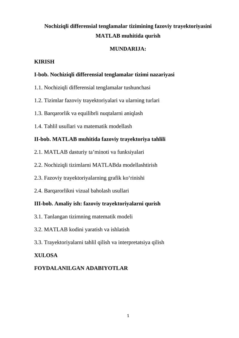 Nochiziqli differensial tenglamalar tizimining fazoviy trayektoriyasini MATLAB muhitida qurish 1