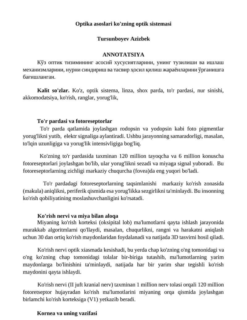 Optika asoslari ko'zning optik sistemasi 1