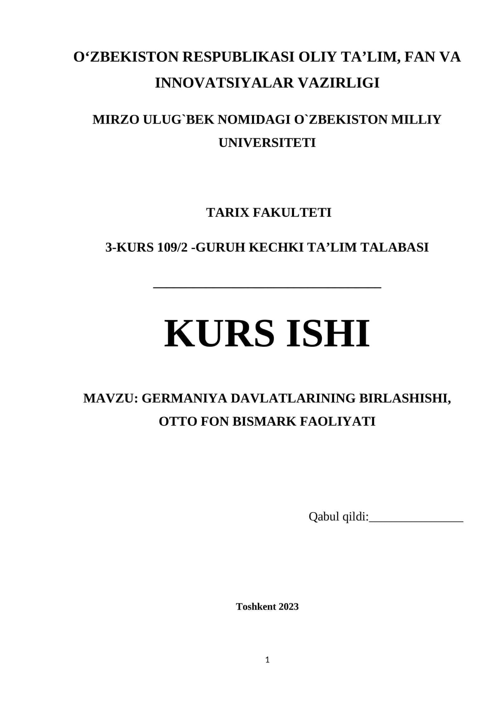 GERMANIYA DAVLATLARINING BIRLASHISHI, OTTO FON BISMARK FAOLIYATI 1