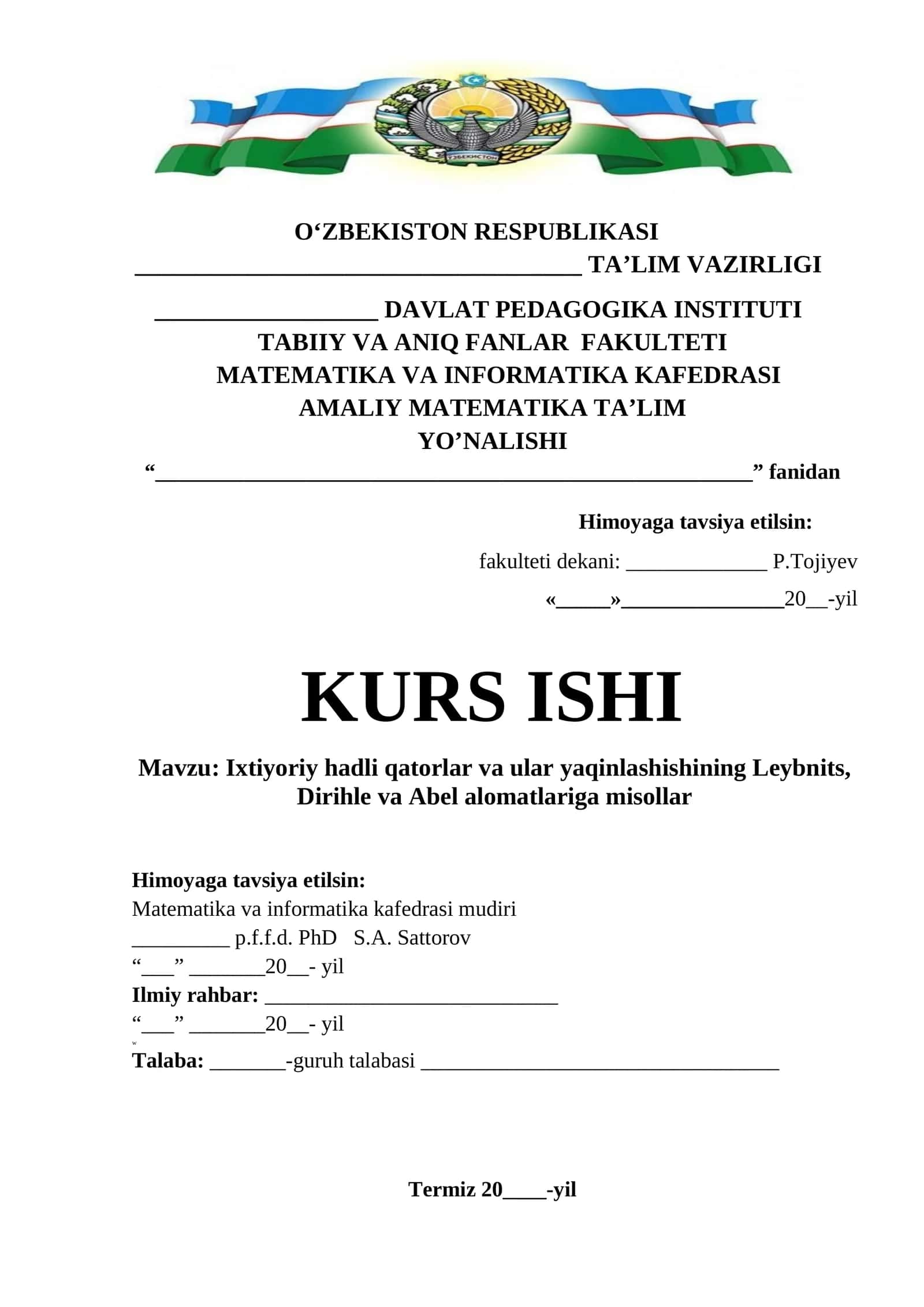 Ixtiyoriy hadli qatorlar va ular yaqinlashishining Leybnits, Dirihle va Abel alomatlariga misollar 1