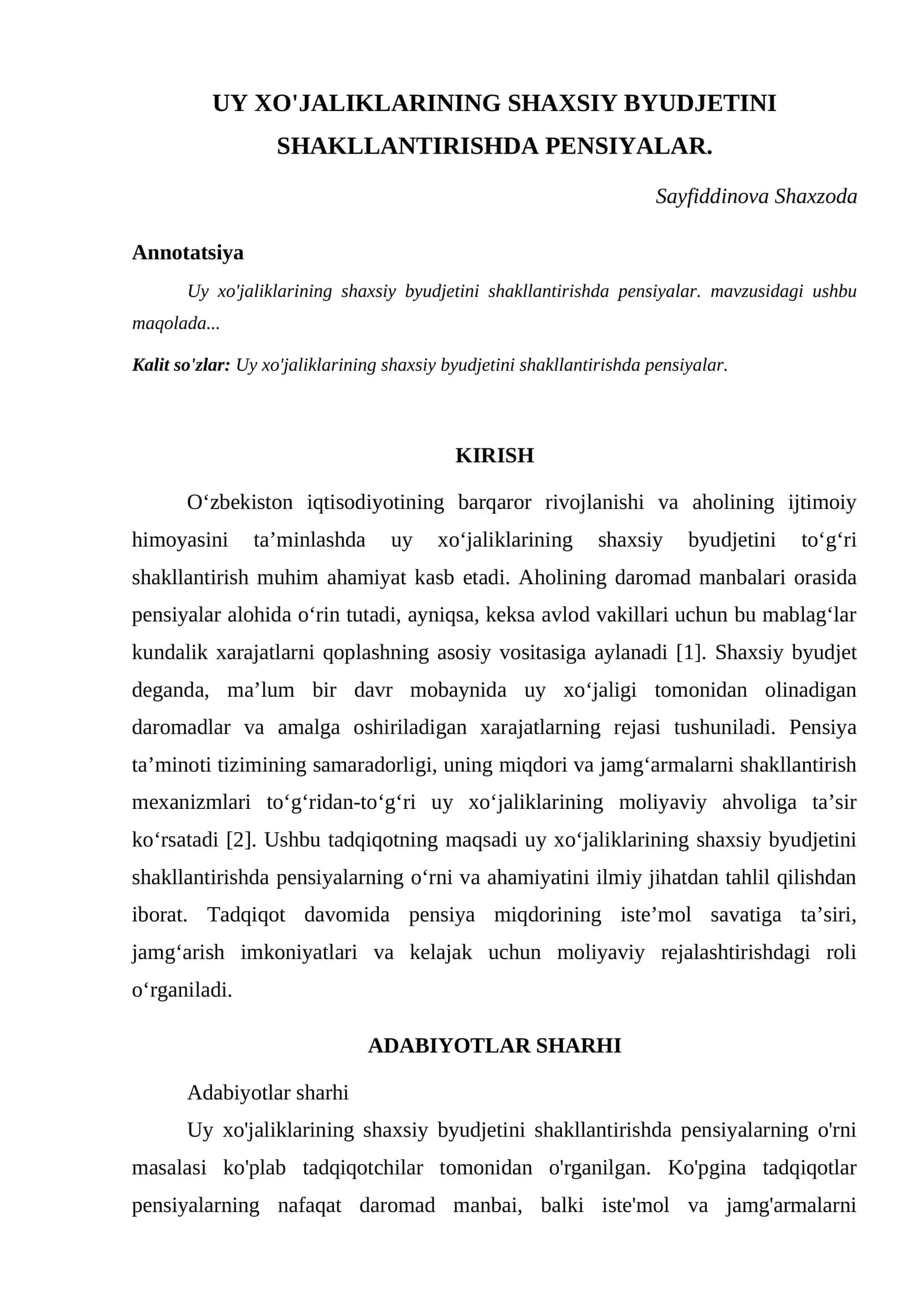 UY XO'JALIKLARINING SHAXSIY BYUDJETINI SHAKLLANTIRISHDA PENSIYALAR 1
