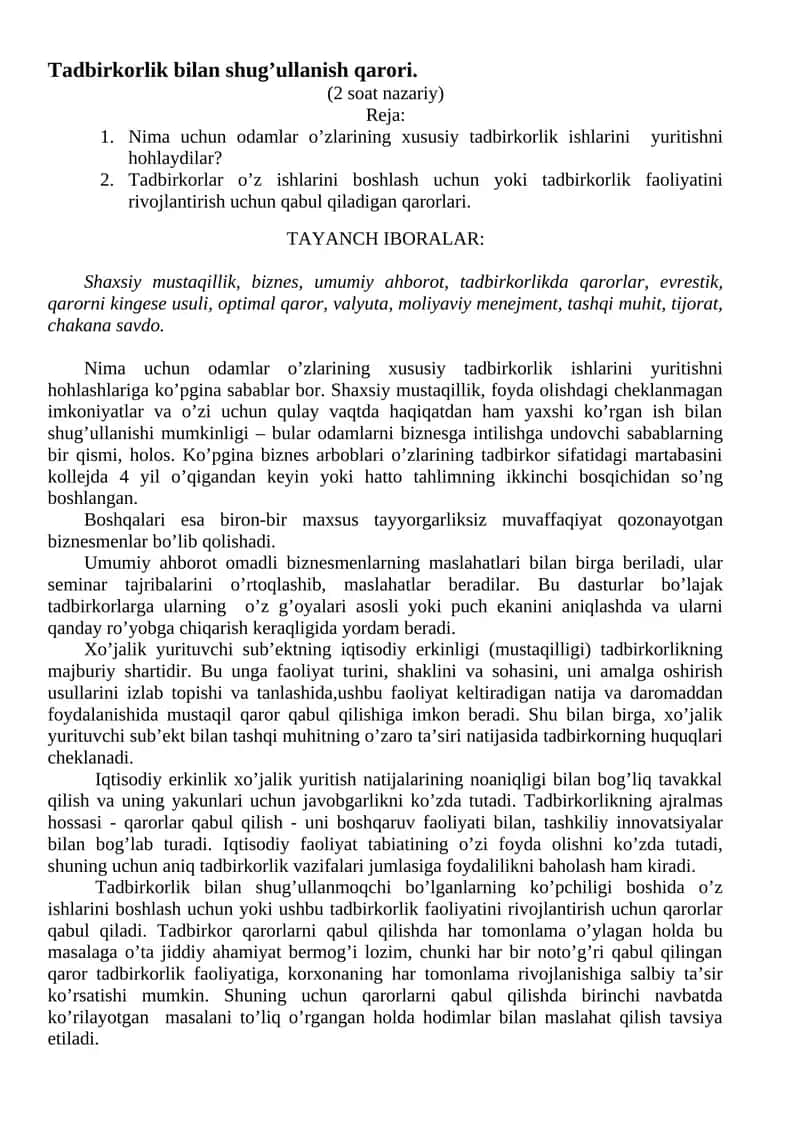 Tadbirkorlik bilan shug’ullanish qarori 1