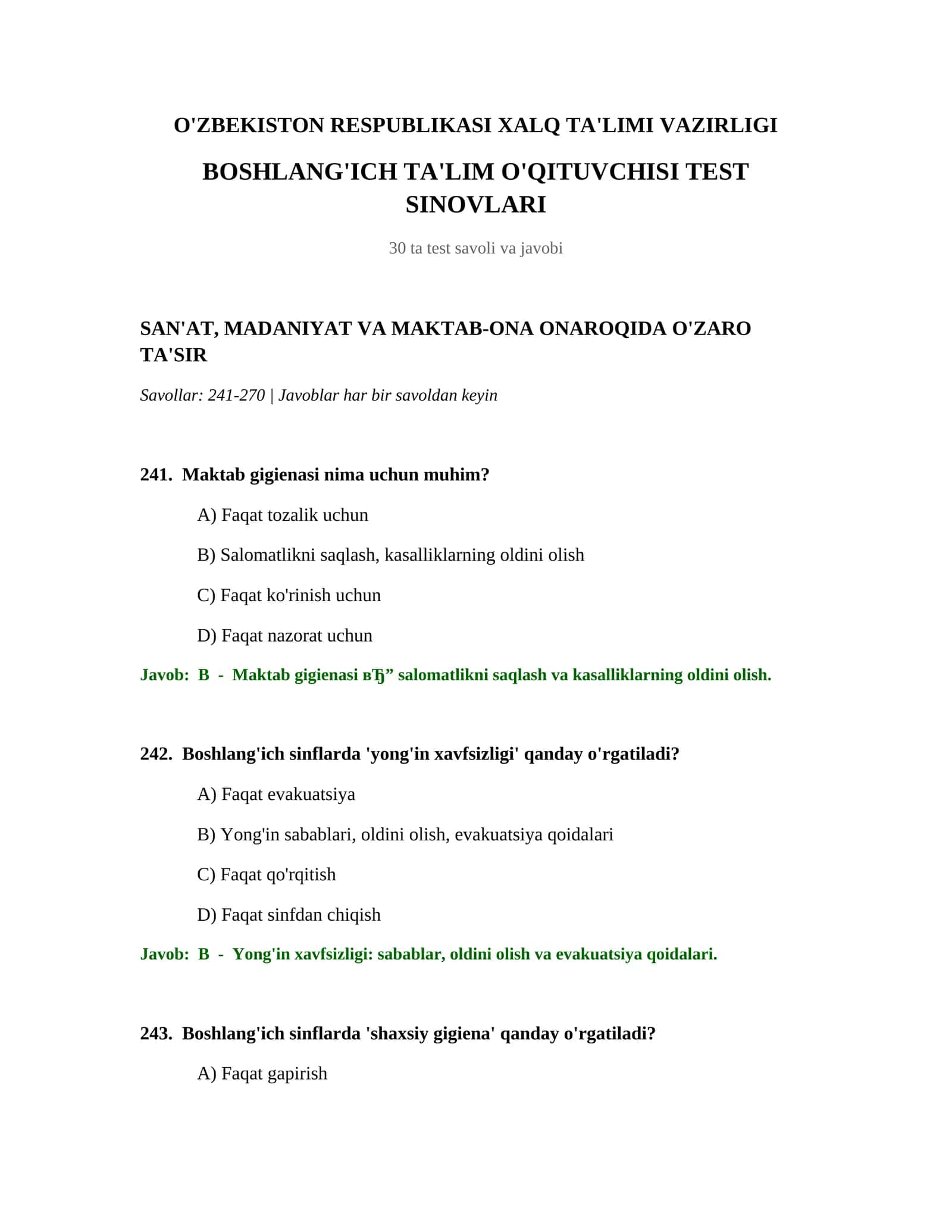 BOSHLANG'ICH TA'LIM O'QITUVCHISI TEST SINOVLARI 1
