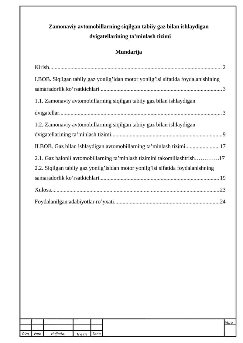 Zamonaviy avtomobillarning siqilgan tabiiy gaz bilan ishlaydigan dvigatellarining ta’minlash tizimi 1