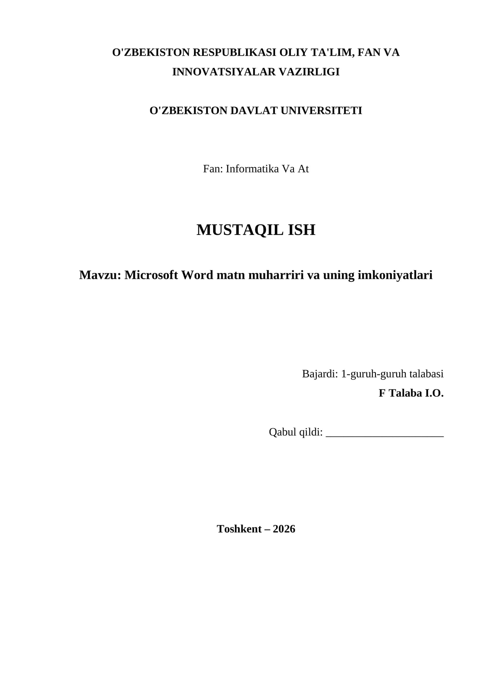 Microsoft Word matn muharriri va uning imkoniyatlari 1