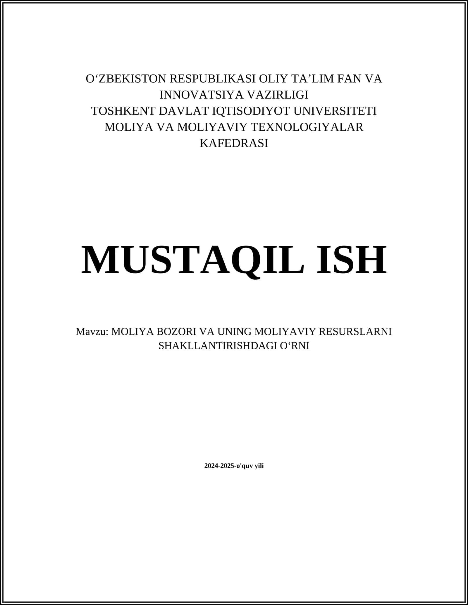 Moliya Bozori va Uning Moliyaviy Resurslarni Shakllantirishdagi Oʻrni 1