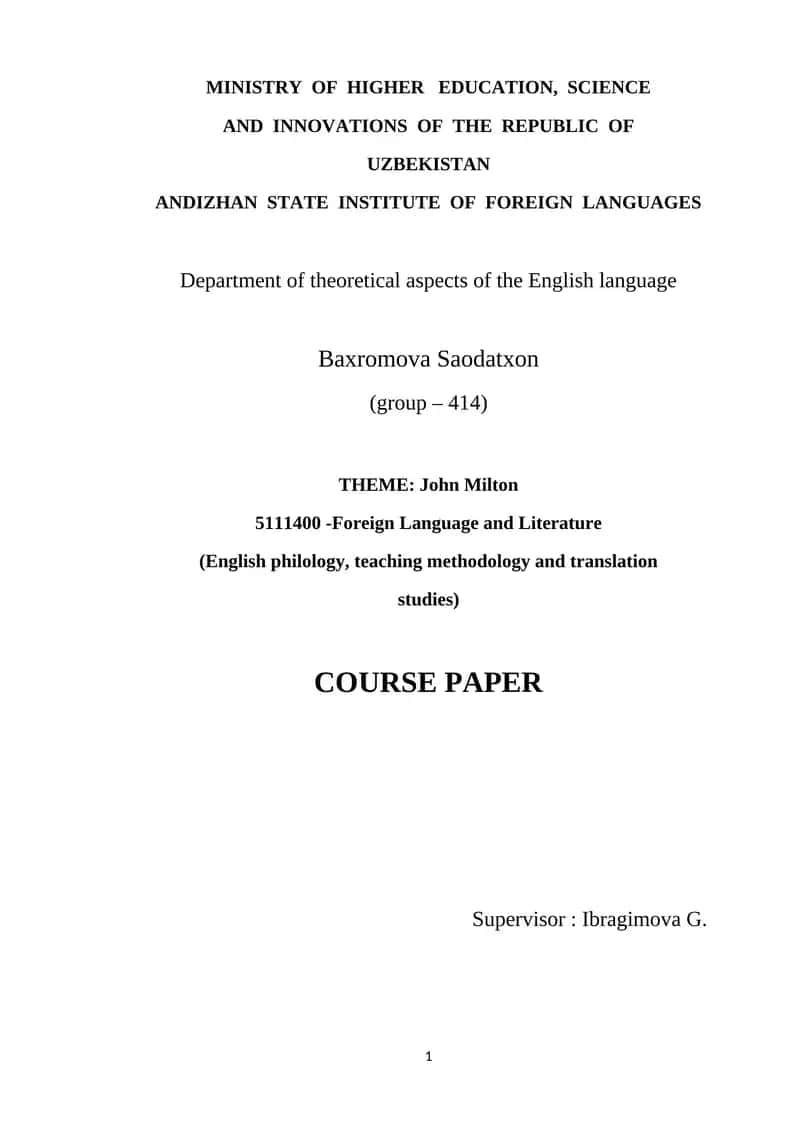 Course Paper on John Milton 1