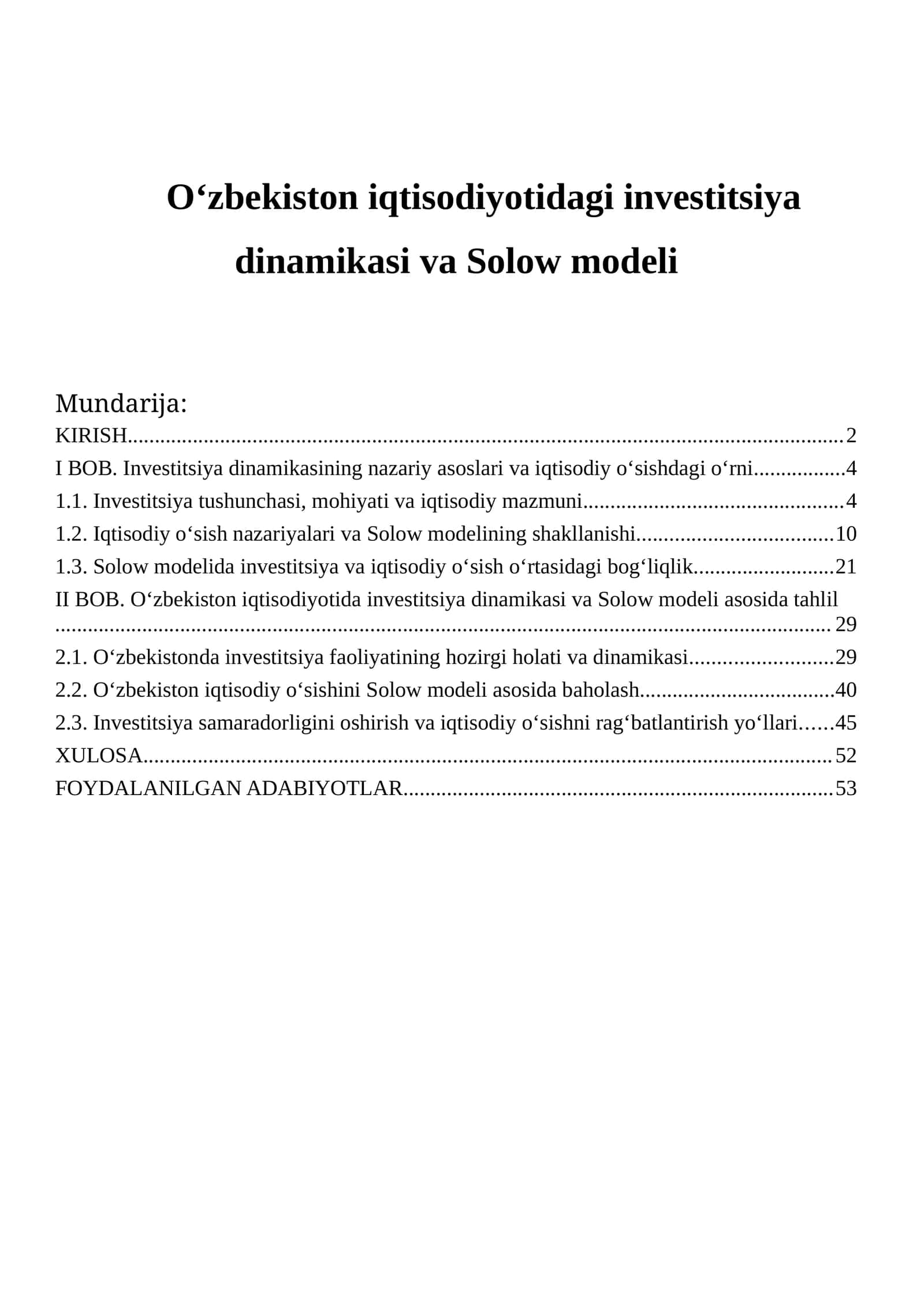 Oʻzbekiston iqtisodiyotidagi investitsiya dinamikasi va Solow modeli 1