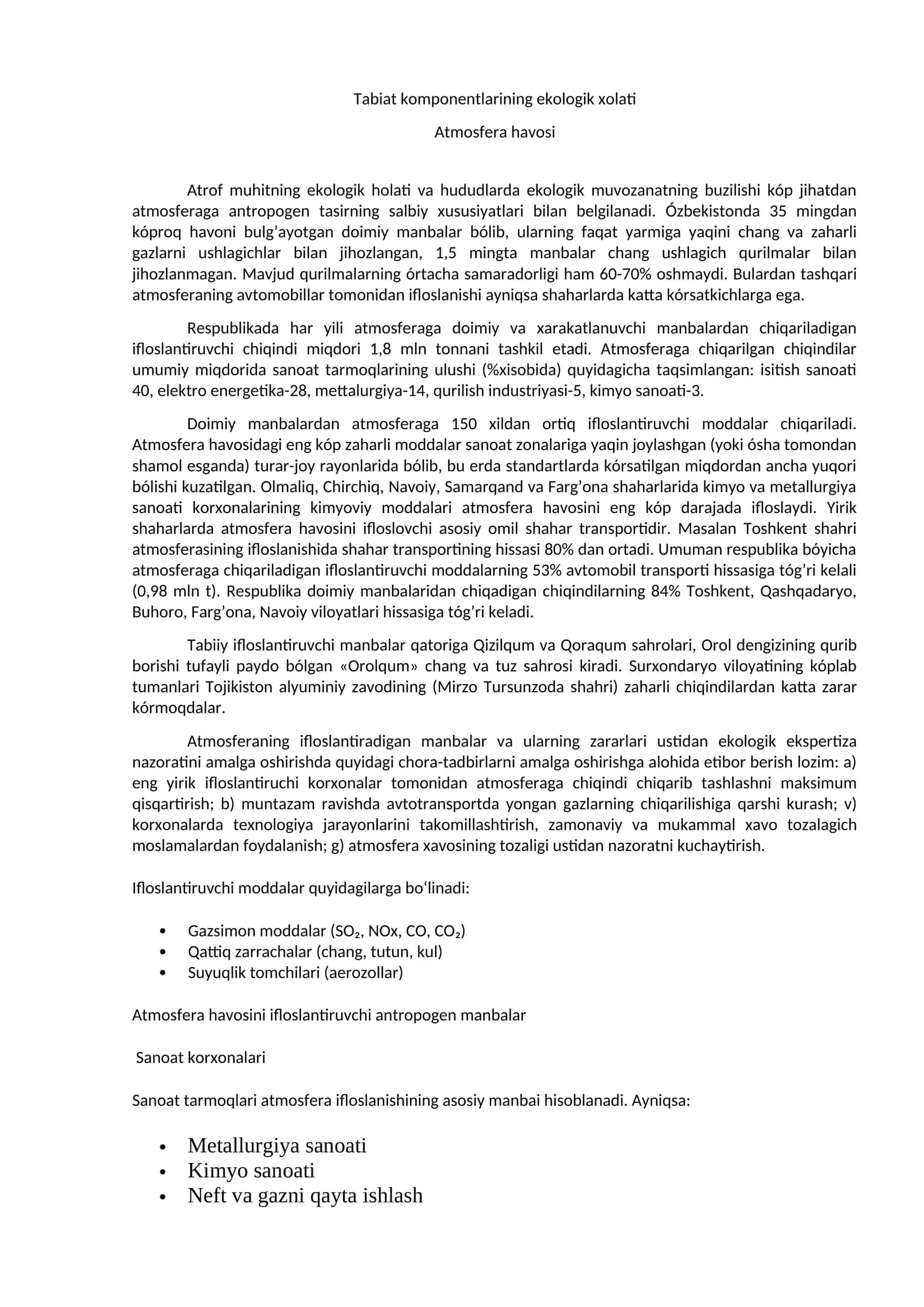 Tabiat komponentlarining ekologik xolati 1