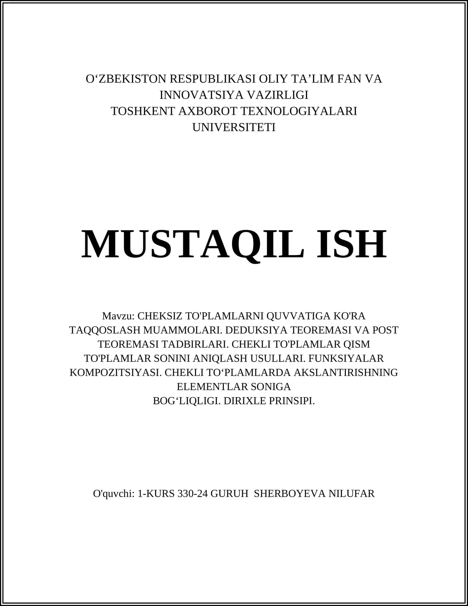 CHEKSIZ TO'PLAMLARNI QUVVATIGA KO'RA TAQQOSLASH MUAMMOLARI 1