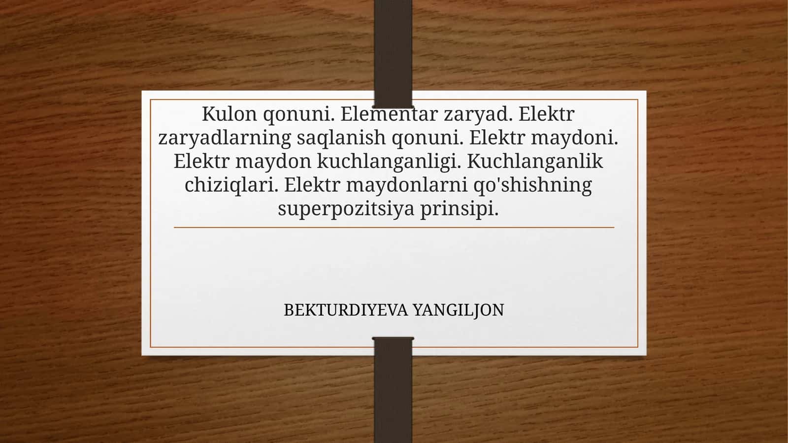 Kulonqonuni. Elementar zaryad. Elektr zaryadlarning saqlanish qonuni. Elektr maydoni. Elektr maydon kuchlanganligi. Kuchlanganlik chiziqlari. Elektr maydonlarni qo'shishning superpozitsiya prinsipi 1