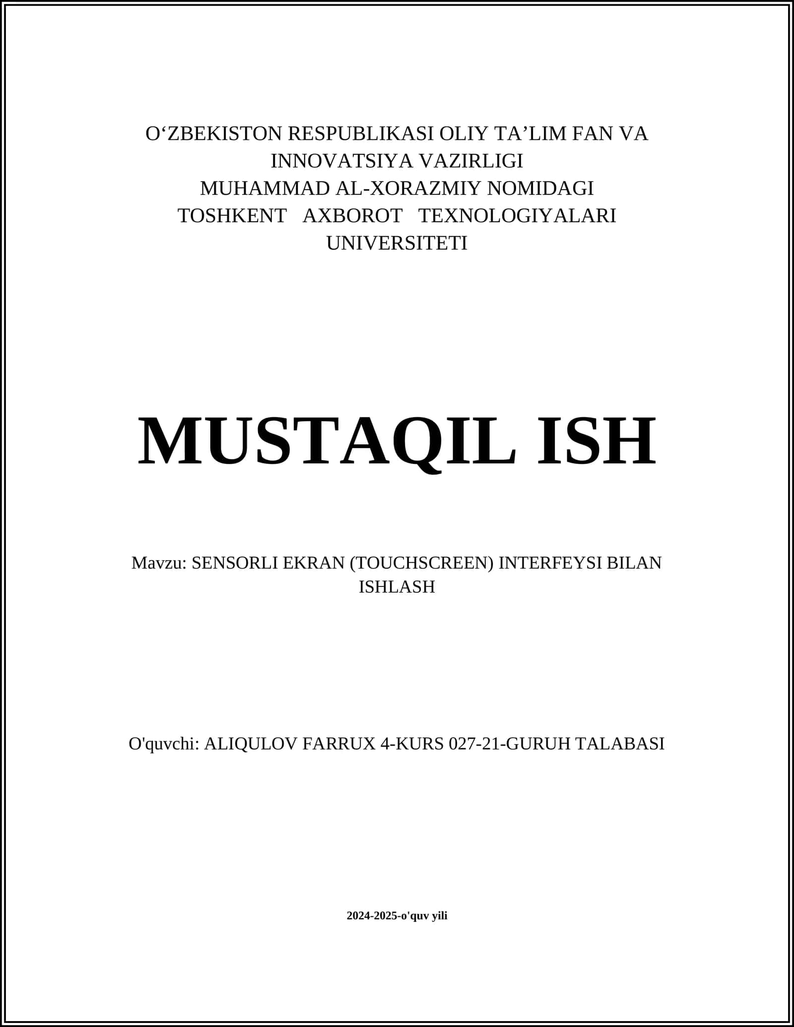 SENSORLI EKRAN (TOUCHSCREEN) INTERFEYSI BILAN ISHLASH 1