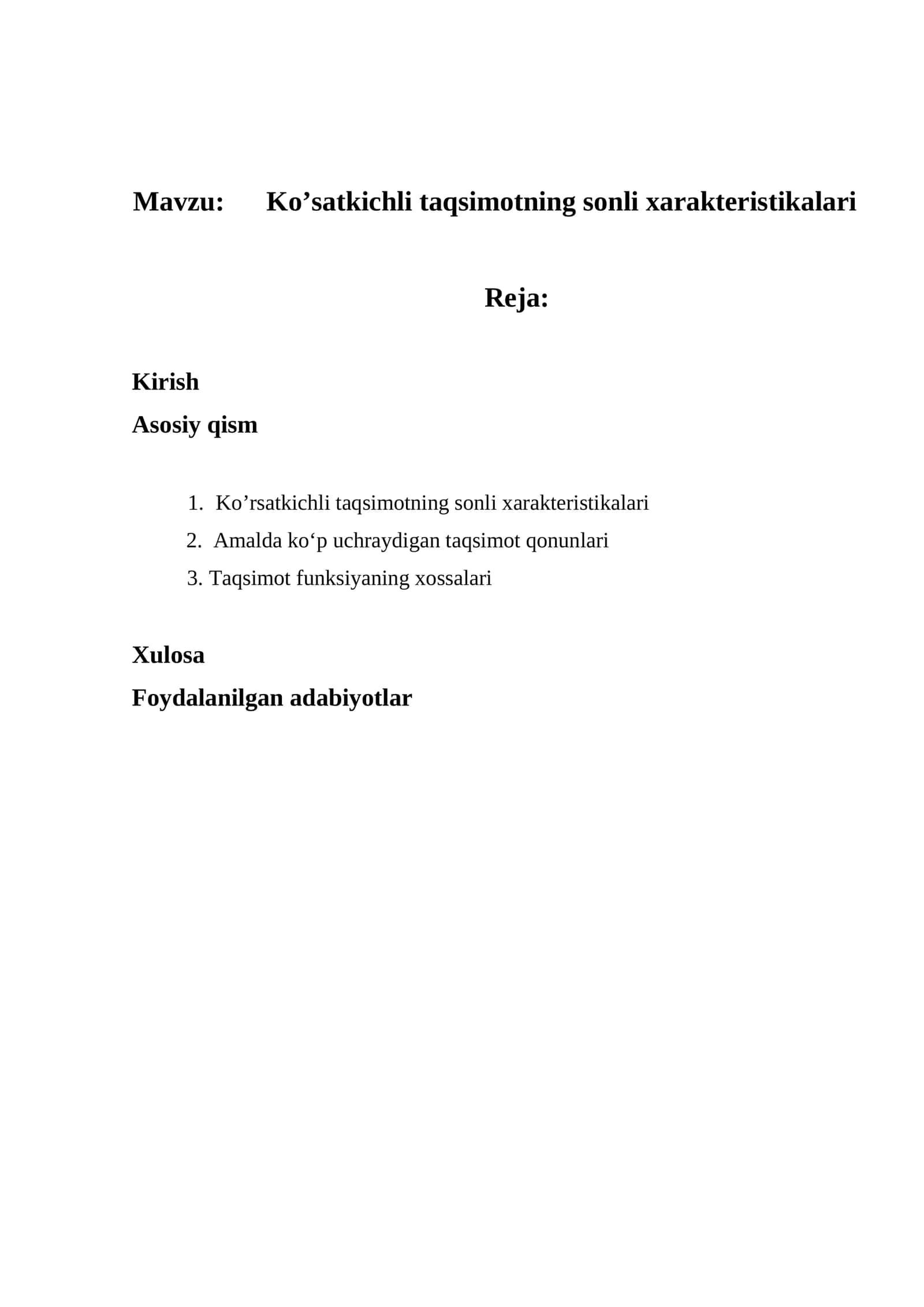 Ko’satkichli taqsimotning sonli xarakteristikalari 1